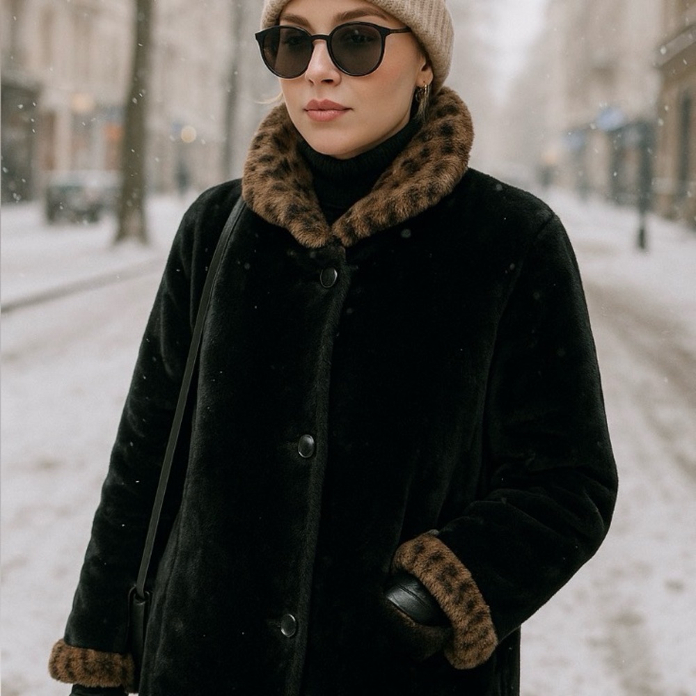 Long Black Teddy Bear Jacket With Leopard Print Collar Faux Fur Retro Mob Wife